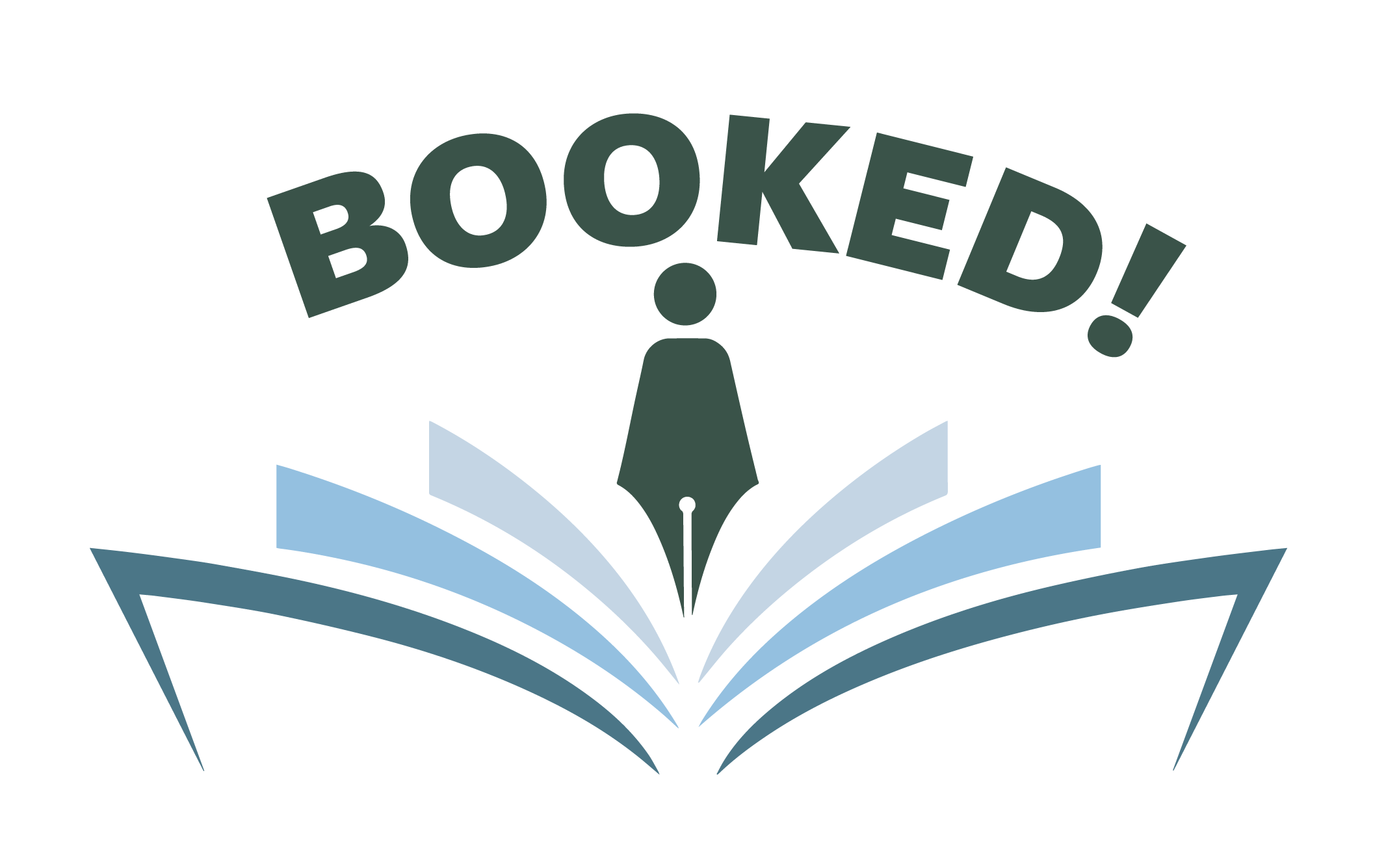 Logo for Booked! showing an open book with a stylized figure shaped like a fountain pen nib.