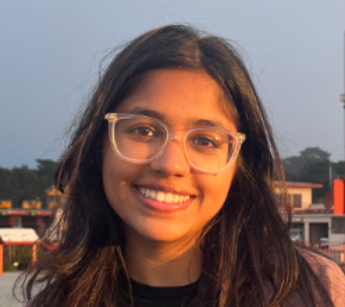 Smiling young woman with clear glasses and dark hair, outdoors at sunset.